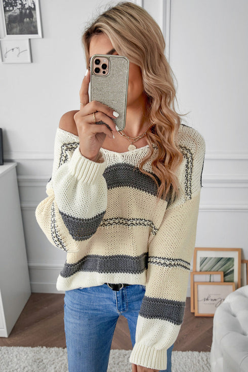V-Neck Knitted Lantern Sleeve Pullover Sweater